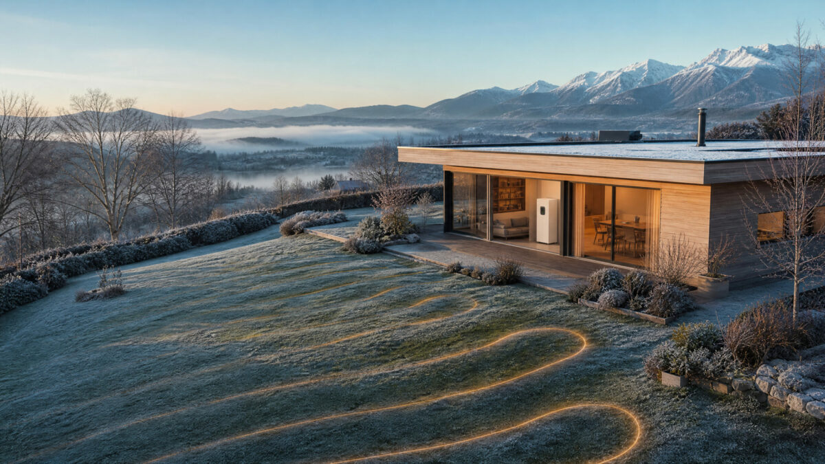 Maison contemporaine au lever du jour, gelée blanche sur la pelouse et tracé du capteur géothermique horizontal visible dans le terrain, module de pompe à chaleur NEXTHERM dans la pièce vitrée