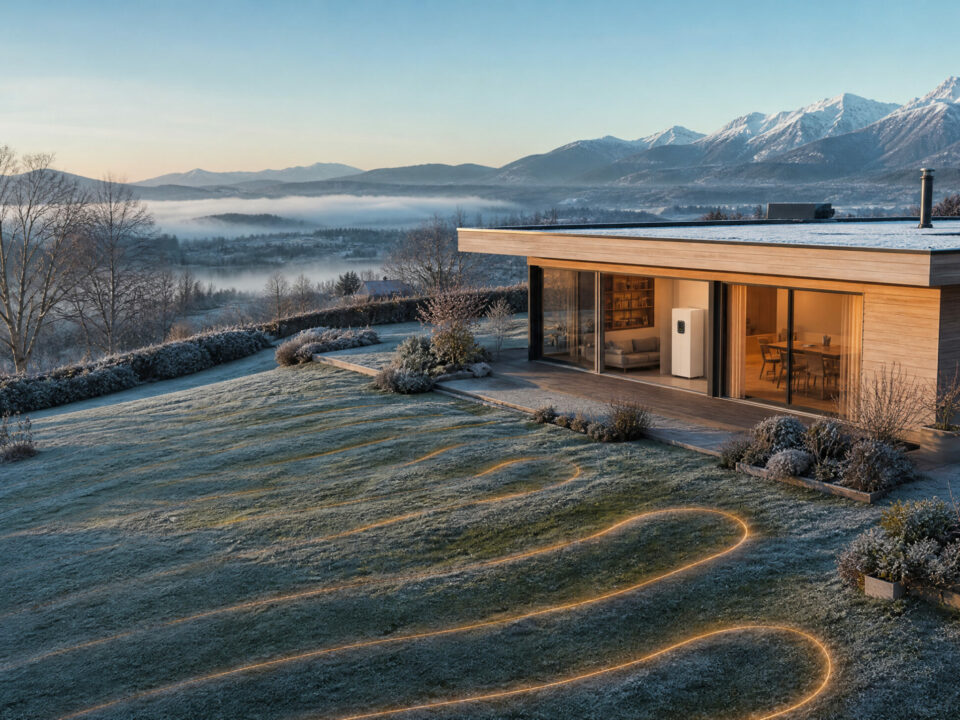 Maison contemporaine au lever du jour, gelée blanche sur la pelouse et tracé du capteur géothermique horizontal visible dans le terrain, module de pompe à chaleur NEXTHERM dans la pièce vitrée