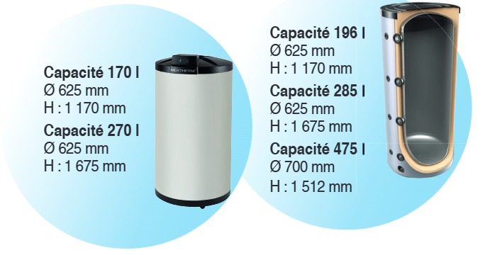 Ballons ECS NEXTHERM pour pompe à chaleur géothermique SMARTPACK4 : inox 170 et 270 L, émaillé 196, 285 et 475 L