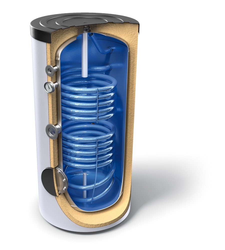 Écorché d’un ballon ECS acier émaillé NEXTHERM : cuve, isolation polyuréthane, anode sacrificielle et échangeur à serpentins
