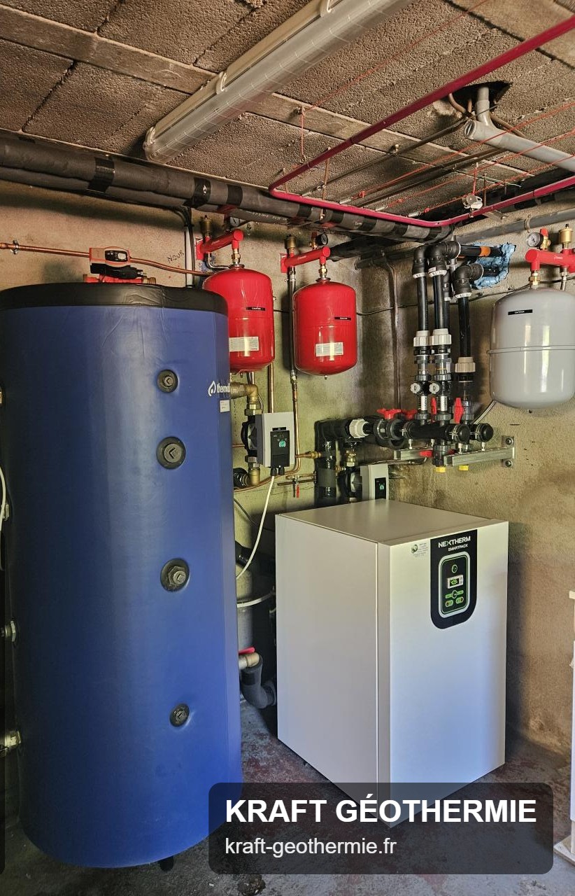 Local technique avec pompe à chaleur géothermique Nextherm SmartPack et ballon tampon, réalisation Kraft Géothermie