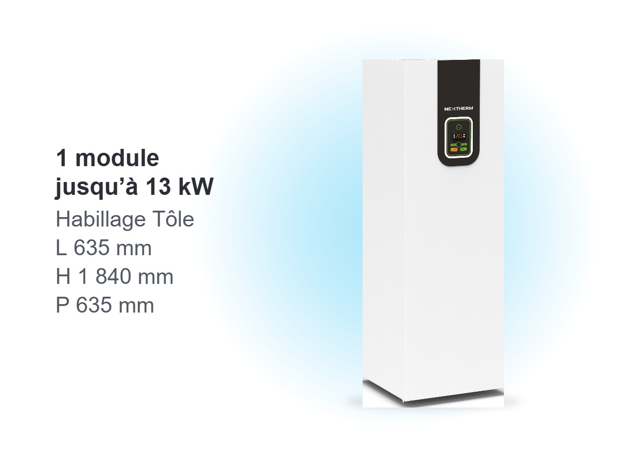 Module de la pompe à chaleur géothermique OPTIPACKDUO4 R454C : 1 module jusqu’à 13 kW, habillage tôle, L 635 × H 1 840 × P 635 mm, ballon ECS intégré