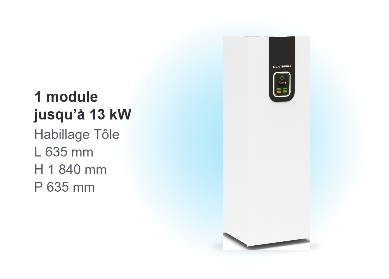 Module de la pompe à chaleur géothermique OPTIPACKDUO4 R454C sol / eau : jusqu’à 13 kW, habillage tôle, L 635 × H 1 840 × P 635 mm, ballon ECS 170 L intégré