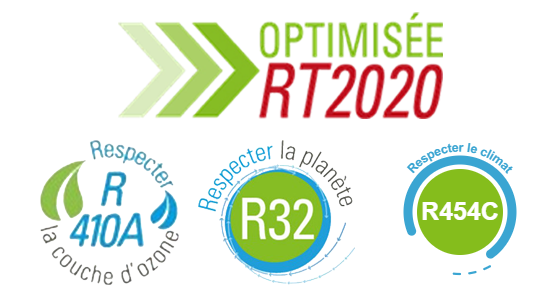 Repères environnementaux de la gamme NEXTHERM : optimisée RT 2020, fluides R410A, R32 et R454C
